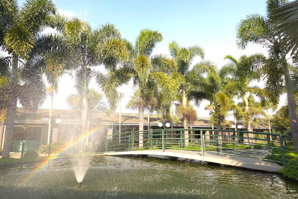 Lago ornamental, com ponte de madeira