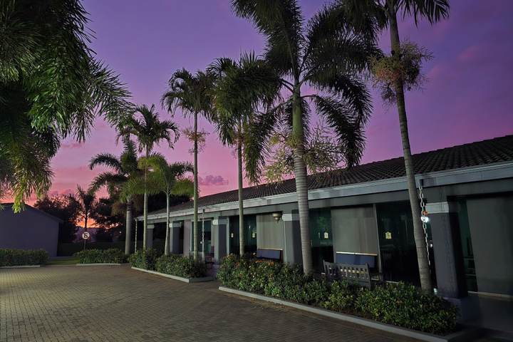 Prédio dos velórios ao entardecer, com palmeiras iluminadas